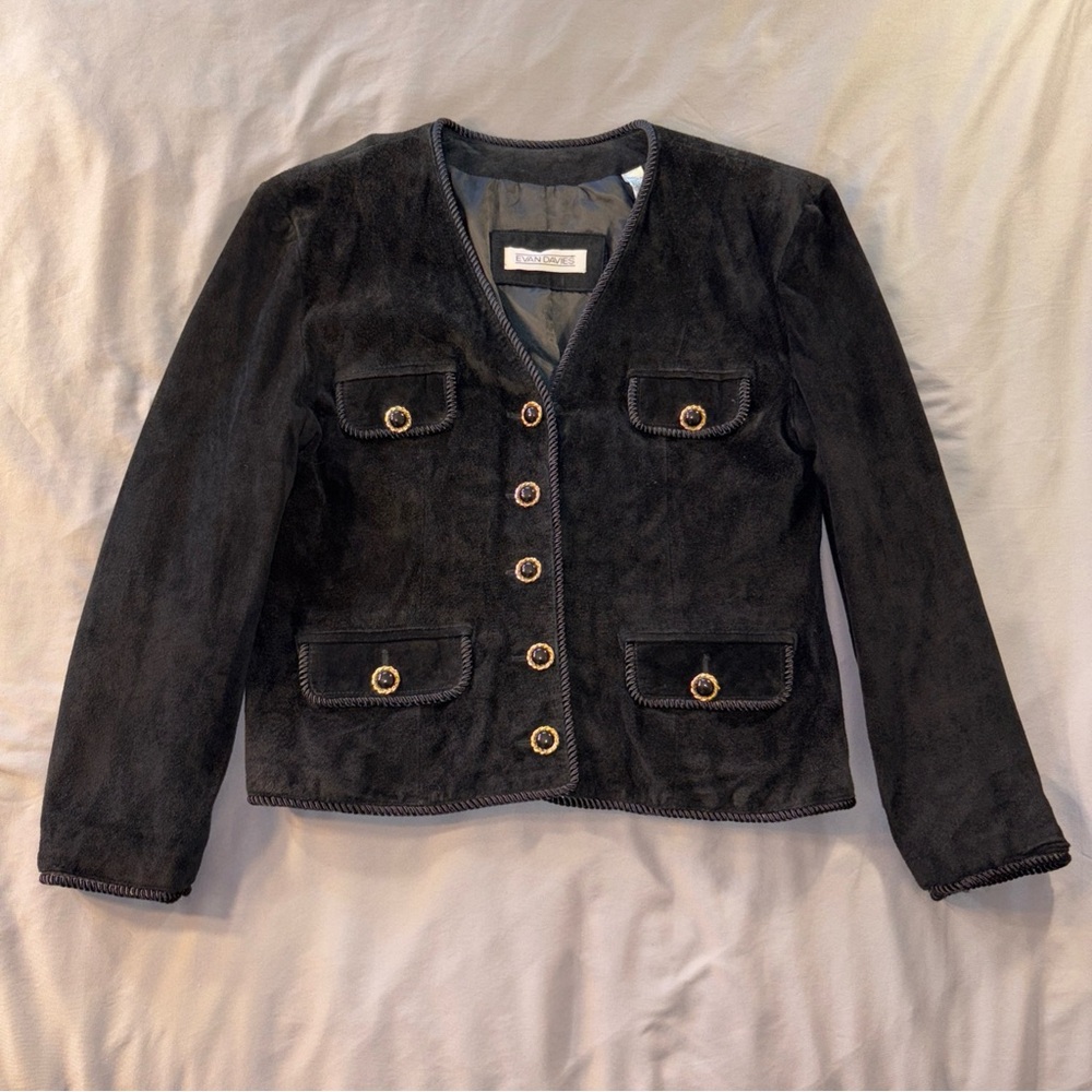 Evan Davies Women’s Blazer Silky Pig Suede Leather Size 8 Jacket Black Gold